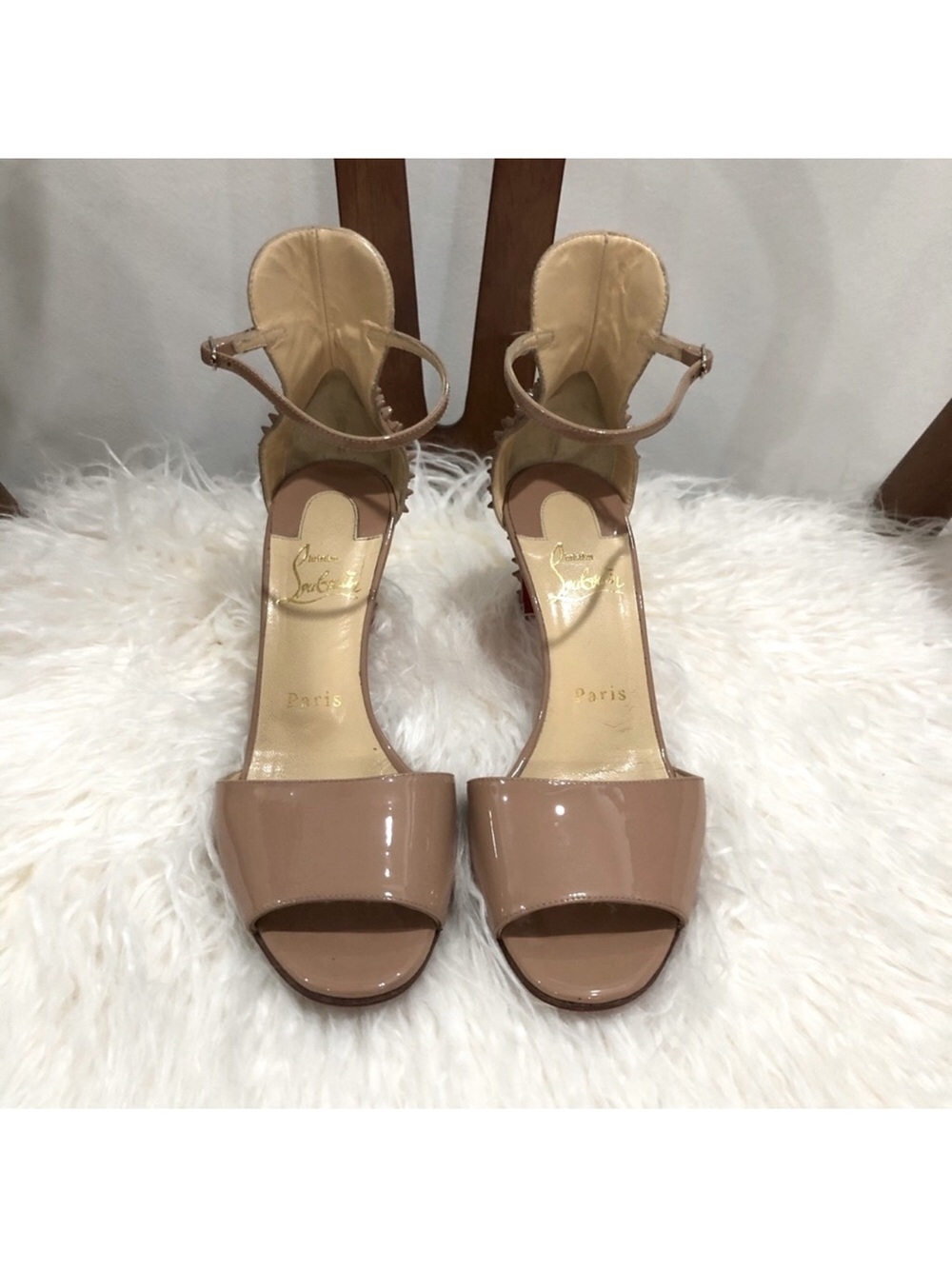Christian Louboutin Nude Patent Leather Open-Toe Ankle-Strap Heels